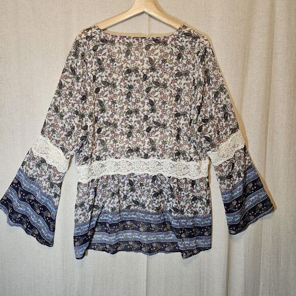 Hint of Mint Cream Blue Orange Floral Print Bell Sleeve Sheer Lace Insets XL - Picture 8 of 9